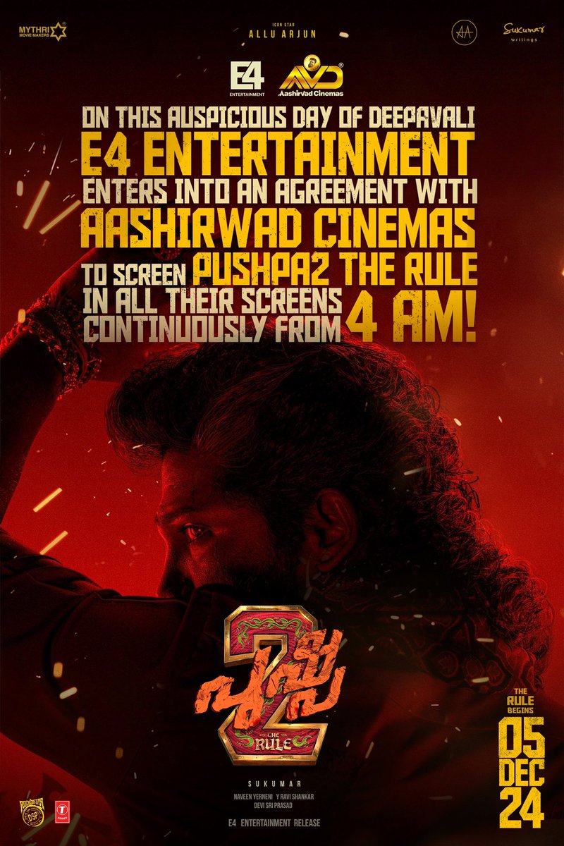 e4echennai's tweet photo. #Pushpa2TheRuleOnDec5th @alluarjun @MythriOfficial @SukumarWritings @iamRashmika #fafa @ThisIsDSP @E4Emovies @aashirvadcine Another happy news for Mallu Arjun Fans on this auspicious day of Deepavali @E4Emovies enters into an agreement with @aashirvadcine for continuous shows🎉🎉 https://t.co/d8O98atOAz