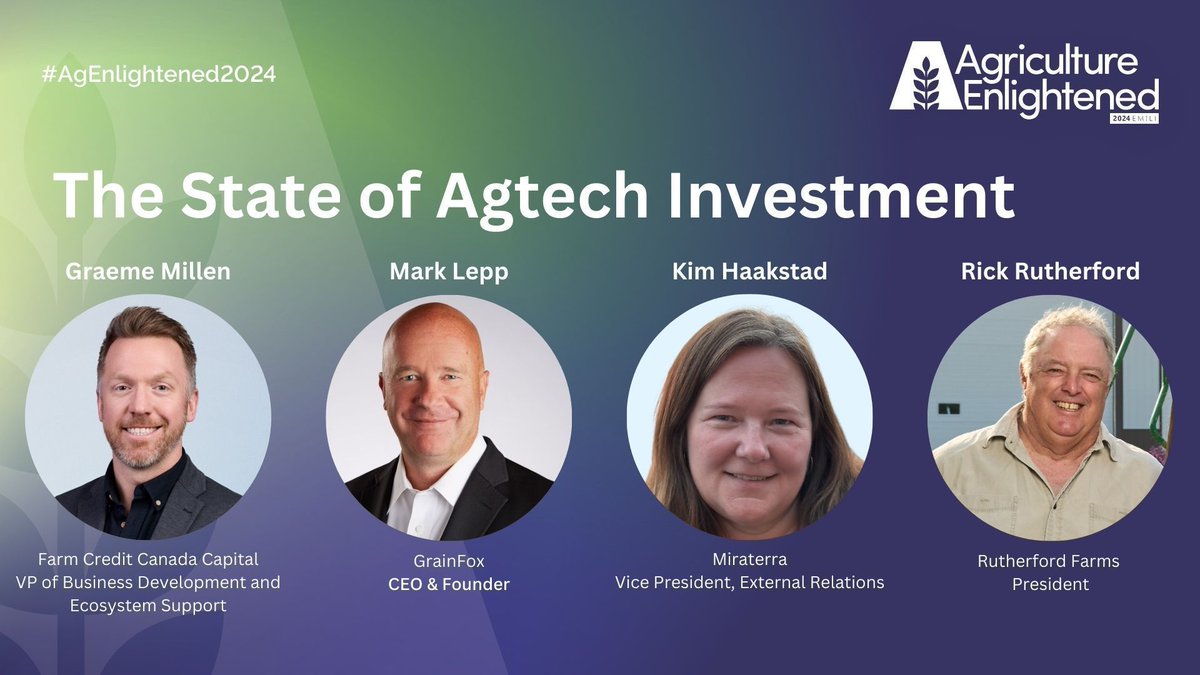 Catch <a href="/FCCagriculture/">Farm Credit Canada</a>'s Graeme Millen with <a href="/GrainFoxApp/">GrainFox</a>'s Mark Lepp, <a href="/RutherfordFarms/">Rutherford Farms</a>' Rick Rutherford and Miraterra's Kim Haakstad at #AgEnlightened2024 for a discussion about agtech investment.

🎟️ There's still time to get your tickets at buff.ly/3zE6sqQ.