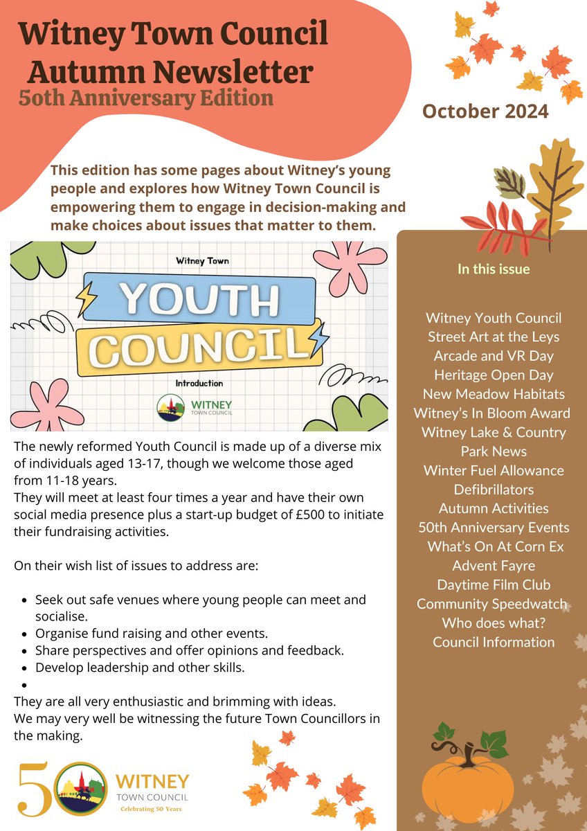Witney Town Council (@witneytowncounc) on Twitter photo Our Autumn newsletter has a focus on some of the ways in which we are engaging with our young people and enabling them to have a say and make choices about things that matter to them. 
witney-tc.gov.uk/.../Autumn-New…... Our Autumn newsletter has a focus on some of the ways in which we are engaging with our young people and enabling them to have a say and make choices about things that matter to them. 
witney-tc.gov.uk/.../Autumn-New…...