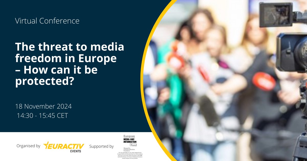 Euractiv Advocacy Lab (@eaadvocacylab) on Twitter photo 18 November 2024 | The threat to media freedom in Europe – How can it be protected?
Join this Euractiv Virtual Conference to discuss the state of media freedom in Europe.
Register here: eurac.tv/9Xlb
More info here: eurac.tv/9Xq8 18 November 2024 | The threat to media freedom in Europe – How can it be protected?
Join this Euractiv Virtual Conference to discuss the state of media freedom in Europe.
Register here: eurac.tv/9Xlb
More info here: eurac.tv/9Xq8