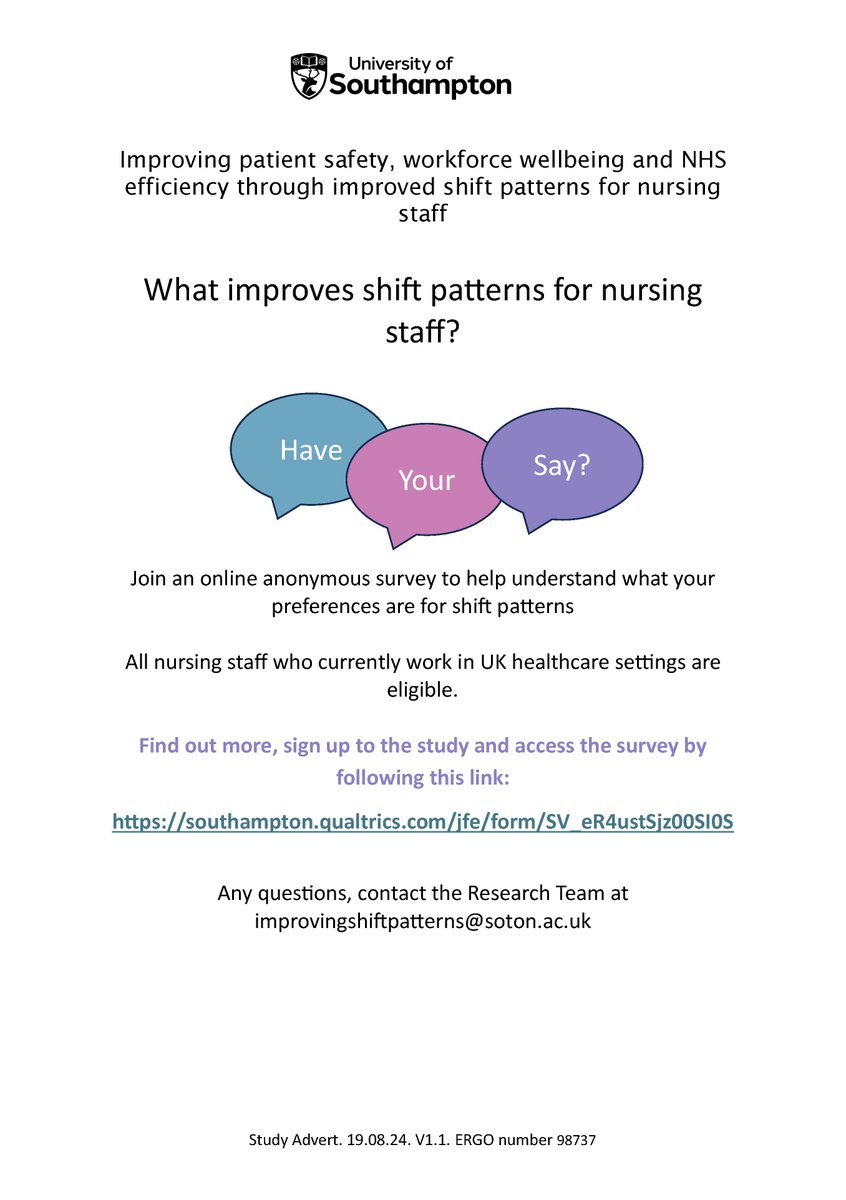 Are you nursing staff (band 2 or above) working in a health or care setting in the UK? We have just launched our new survey to understand what changes in shift patterns you might be willing to accept. Do you have 10 minutes to spare?
Please have your say: southampton.qualtrics.com/jfe/form/SV_eR…