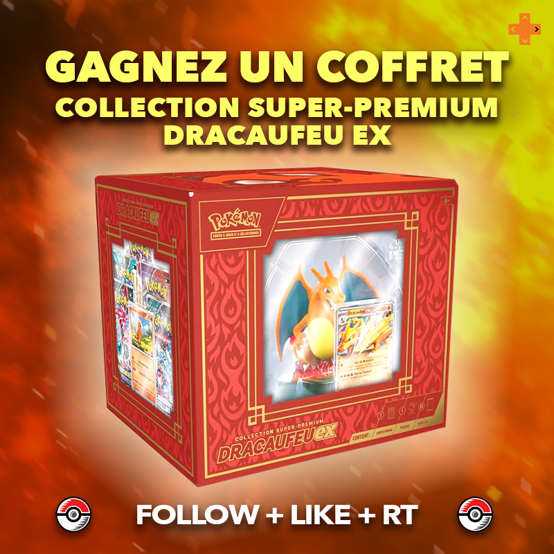 Gameblog's tweet photo. 🎁 Grand concours Pokémon 🎁

Tentez de remporter un coffret Collection Super-Premium Dracaufeu Ex 🔥

Pour participer :
- Follow @Gameblog
- Like + RT

Tirage au sort le 7 novembre 2024. https://t.co/0lonsMXTSK