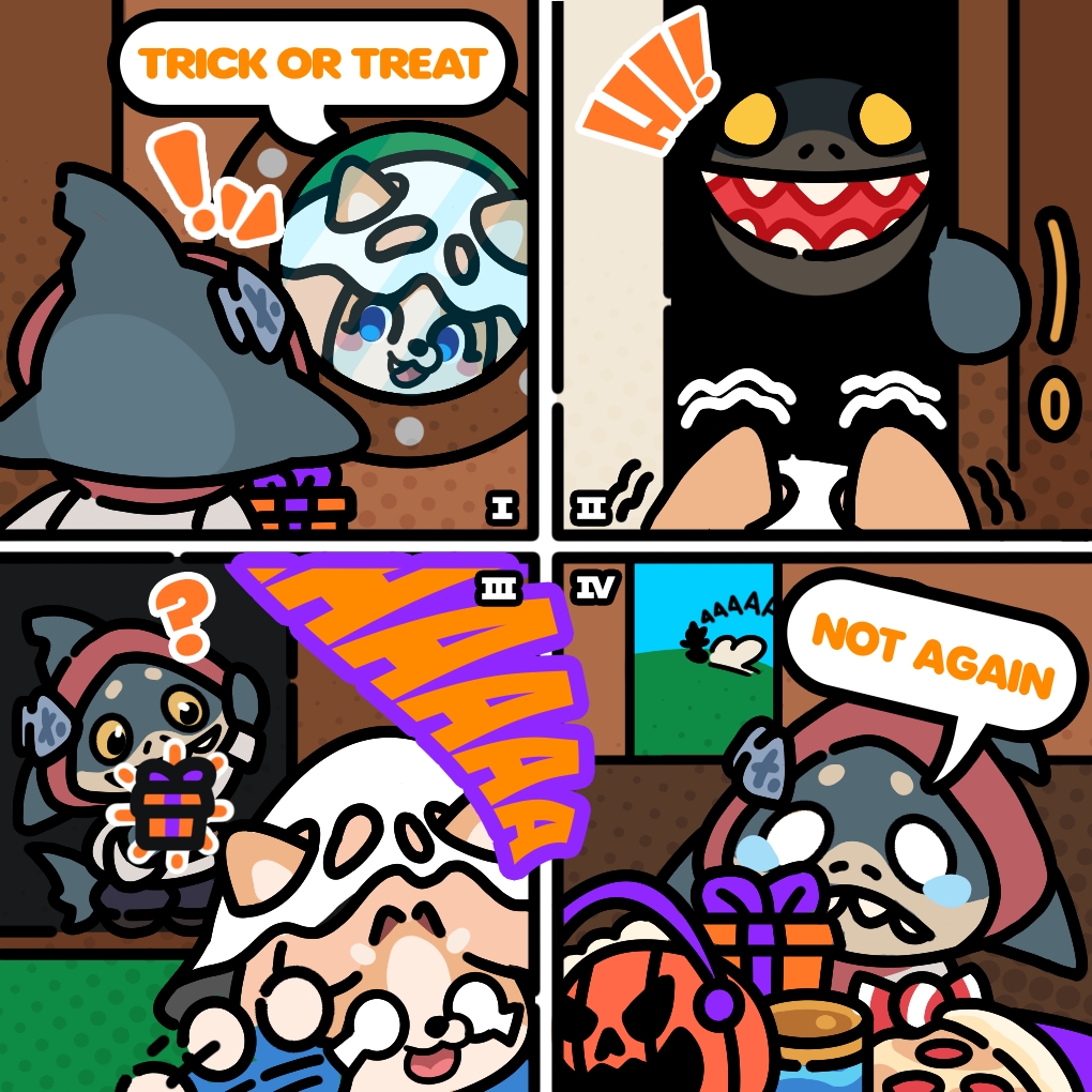 PalioAI's tweet photo. 【PalioAI Series II】

🎃 Halloween is here!

Shark 🦈: "Hey! I got you a treat!"
Puppy 🐶: "Those teeth! I'm outta here!" 🏃💨

Shark sighs, "Aw, I’m just a chef who wanted to share some goodies…"

Poor Shark, just trying to make friends! 🎁💔 https://t.co/vZMnO92u5b