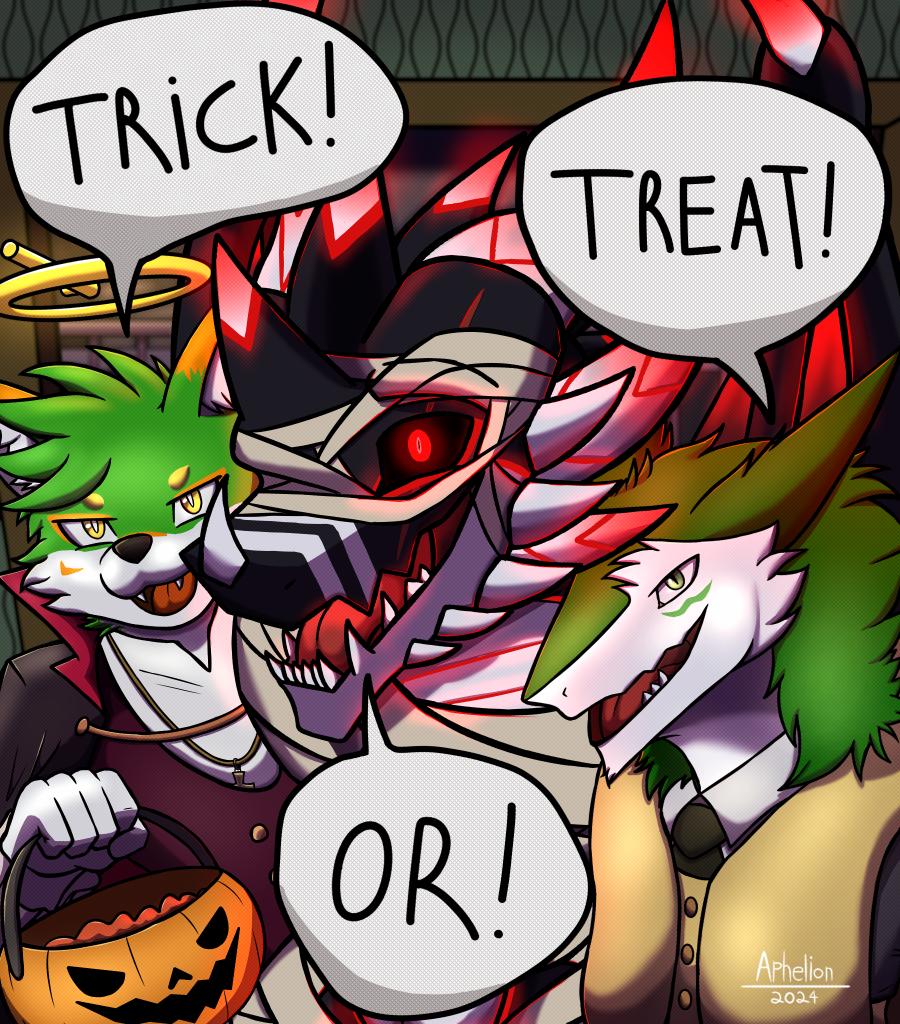AphelionDragon's tweet image. "Trick!" "Or!" "Treat!"

Desenho de halloween que foi muito foda de fazer 
ft. @wiselupis e Kaph

Feliz Halloween! 🎃🎃

#furry #furryartwork #Sergal #halloween #art #furryart #furryfandom #dragon #wolf