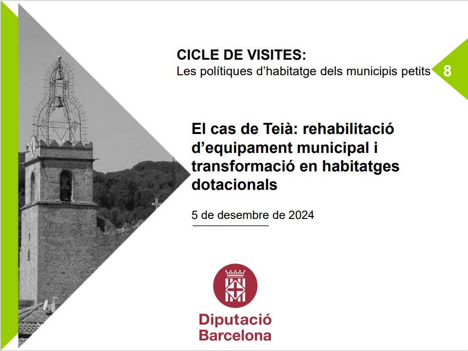 habitatgediba's tweet photo. Continua el cicle de visites "Les polítiques d'habitatge dels municipis petits". Aquest desembre coneixerem el cas de Teià, que han rehabilitat un equipament municipal per transformar-lo en habitatges dotacionals

🗓️ 5 de desembre

✏️https://t.co/YwePI2wlhY https://t.co/HDylZI09Dc
