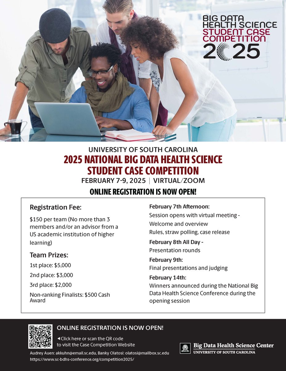 We are pleased to announce that online registration for the 2025 National Big Data Health Science #CaseCompetition is now open!🎉Register to secure your spot today at lnkd.in/e4qxc8YT or scan the QR code for more information! #bigdata