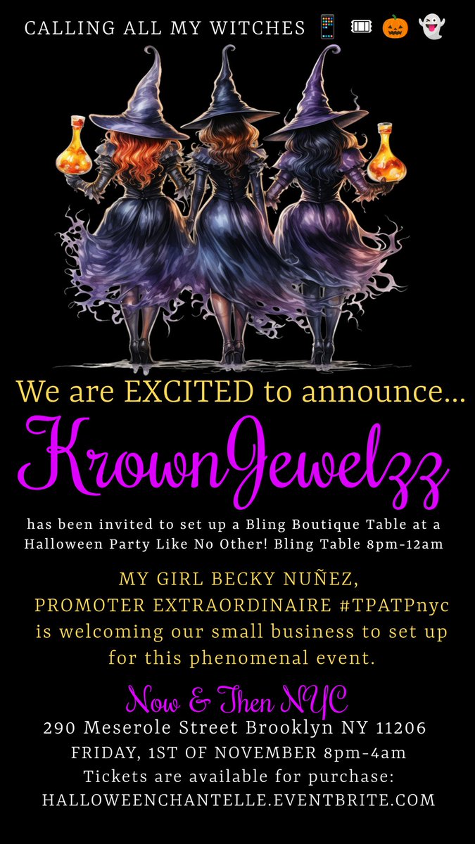 JacquiO69's tweet photo. BECKY NUÑEZ PRESENTS HALLOWEEN ON MESEROLE STREET
KrownJewelzz will be in attendance &amp; have a Bling Boutique Table Set Up from 8pm-12am. #womeninbusiness
#smallbizlove #halloweenparty #housemusicallnightlong #tpatpnyc #womensupportingwomen #costumeparty #housemusic #hiphopmusic https://t.co/eO1850ir3j