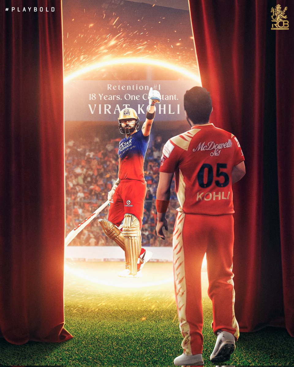 RCBTweets's tweet photo. 1️⃣8️⃣th year with RCB for our No. 1️⃣8️⃣. 🔥

Retention #1 Virat Kohli would have completed 20 years with RCB by the end of this upcoming 3-year cycle! 🤩 The only player to represent the same team since the inception of the IPL. 🤯

Presenting to you the King, Virat Kohli! 👑 

@imVkohli | #PlayBold #ನಮ್ಮRCB #IPLRetention #IPL2025