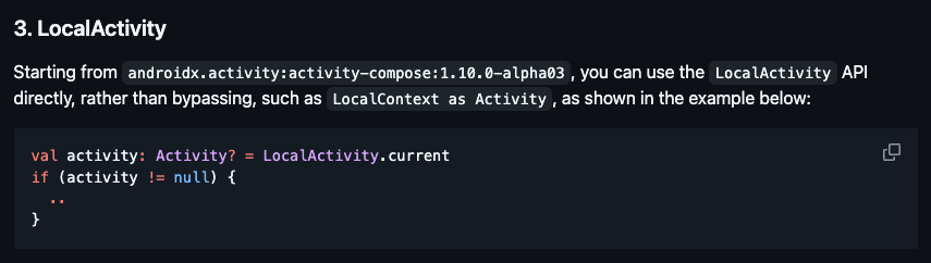 Compose Tips

Now, you can use `LocalActivity` rather than bypassing, such as `LocalContext as Activity` in Jetpack Compose.

github.com/doveletter
