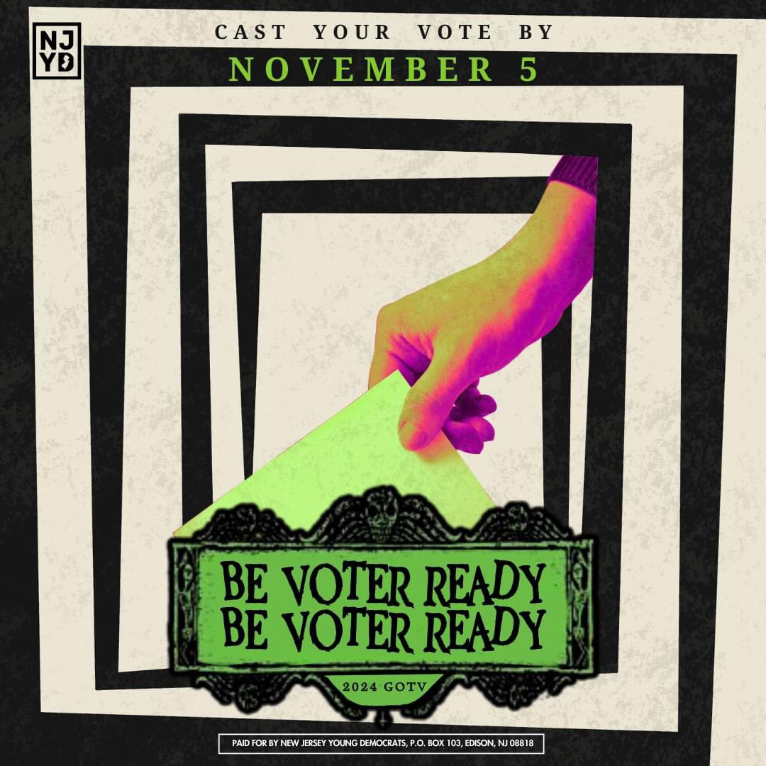 NJYoungDems's tweet photo. Say it with us: 

Be Voter Ready, Be Voter Ready, Be Voter Ready

Cast your vote early &amp; avoid the Election Day rush &amp; any creepy surprises. Be voter-ready and make sure your voice haunts the ballot box—not the deadline!

For information visit: https://t.co/lkfTSIcY6T https://t.co/ggQSgnq2q0
