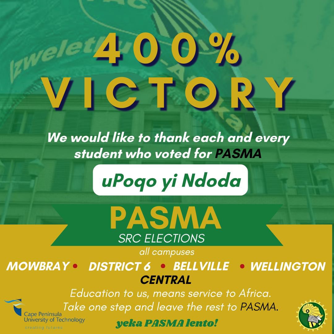Afrika_Phama's tweet photo. Congratulations to PASMA CPUT for winning all CPUT campuses, including 4/8 Central seats. Students are really not mad. That thing of @EFFStudents is dead in the Western Cape 

Siraj Somizi Thala #Rec2024 emtee https://t.co/4bUxLDHWAC