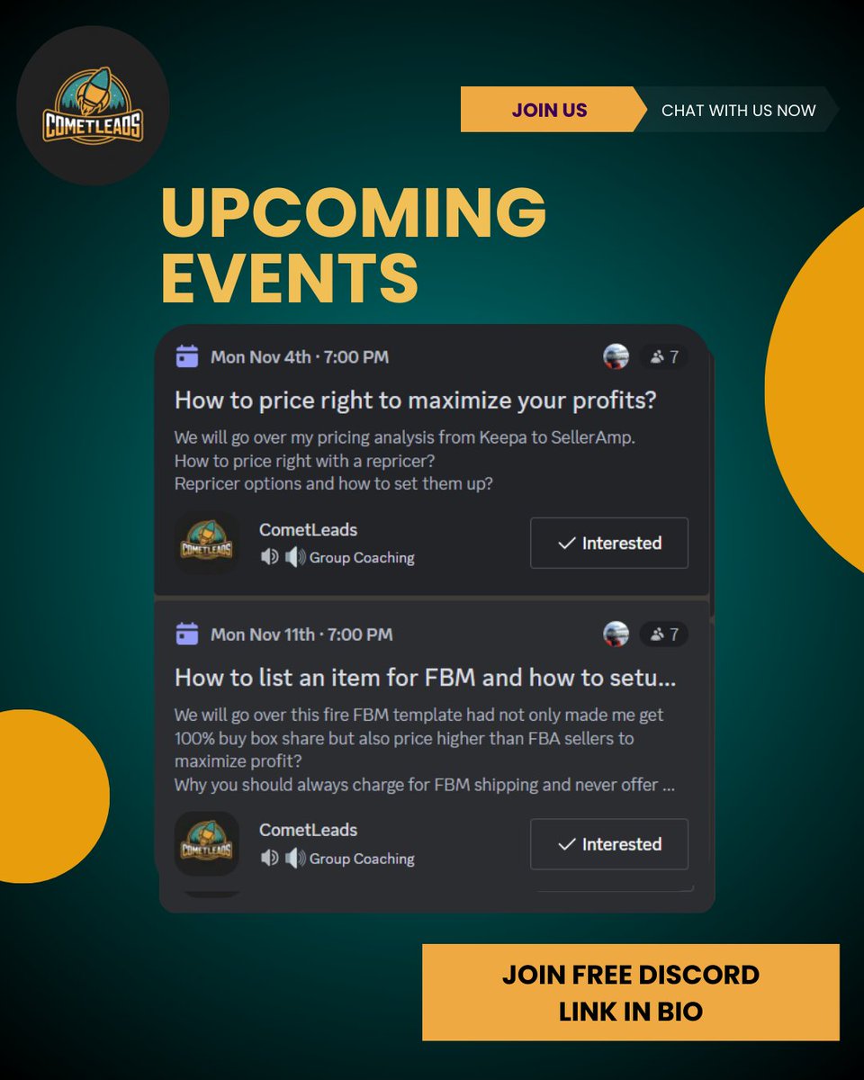 CometLeads (@cometleads) on Twitter photo <a href="/CometLeads/">CometLeads</a> will be hosting FREE weekly LIVE Coaching Calls for our members on Discord. Join our FREE Discord discord.gg/dmmTqx3Ate.
Mark these dates:
1. Nov. 4th at 7 p.m. EST: Price Right Event:
- Hosted by <a href="/fba_realist/">fba_realist</a>. Pricing analysis and Repricer
options.
2. Nov. <a href="/CometLeads/">CometLeads</a> will be hosting FREE weekly LIVE Coaching Calls for our members on Discord. Join our FREE Discord discord.gg/dmmTqx3Ate.
Mark these dates:
1. Nov. 4th at 7 p.m. EST: Price Right Event:
- Hosted by <a href="/fba_realist/">fba_realist</a>. Pricing analysis and Repricer
options.
2. Nov.