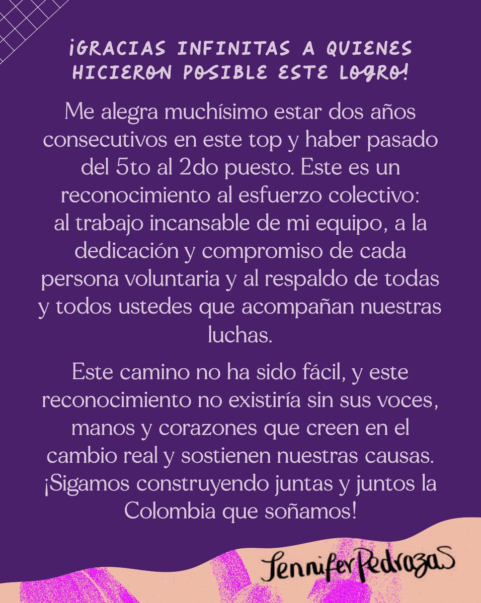 JenniferPedraz's tweet image. Mi genteee 🥳 Quedamos en el top 3 de Representantes a la Cámara.

Seguiremos luchando desde el Congreso y las calles por la educación pública, los derechos de las mujeres, la juventud y trabajadores. Gracias a mi equipo de trabajo y de voluntariado, a @dignidad_col y a ustedes💪