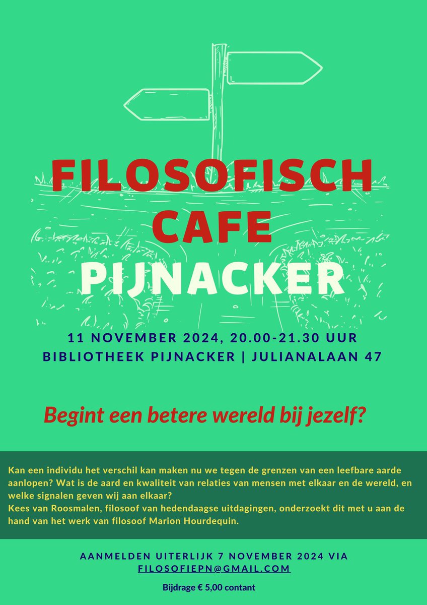 Tijdens het Filosofisch Café van 11 november, in vestiging Pijnacker, Buurt &amp; Zo, onderzoekt Kees van Roosmalen met u of een individu het verschil kan maken.
Aanmelden uiterlijk 7 november 2024 via FilosofiePN@gmail.com
Bijdrage € 5,00 contant
 #filosofie #pijnacker #debat