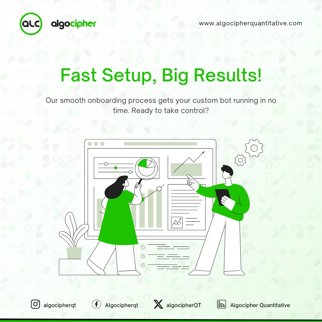 algocipherQT's tweet image. Fast Setup, Big Results!
Our smooth onboarding process gets your custom bot running in no time.
#algocipherquantitative #thealgocipheradvantage #tradingautomation #FutureOfTrading #NoMoreManual #AutomatedTrading #TradingAssistant #EmotionFreeTrading #NextGenTrading