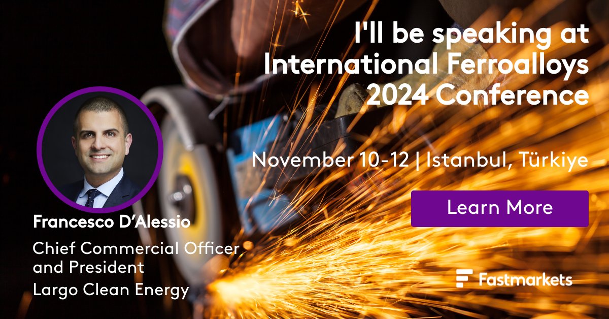 We’re excited to meet customers &amp; peers at the <a href="/Fastmarkets/">Fastmarkets</a> Int’l Ferroalloys Conference, Nov. 10-12! 

Catch our CCO Francesco D'Alessio on Tuesday, Nov. 12, 8:45 am, discussing the #vanadium market landscape as proud silver sponsors of #IFA2024.