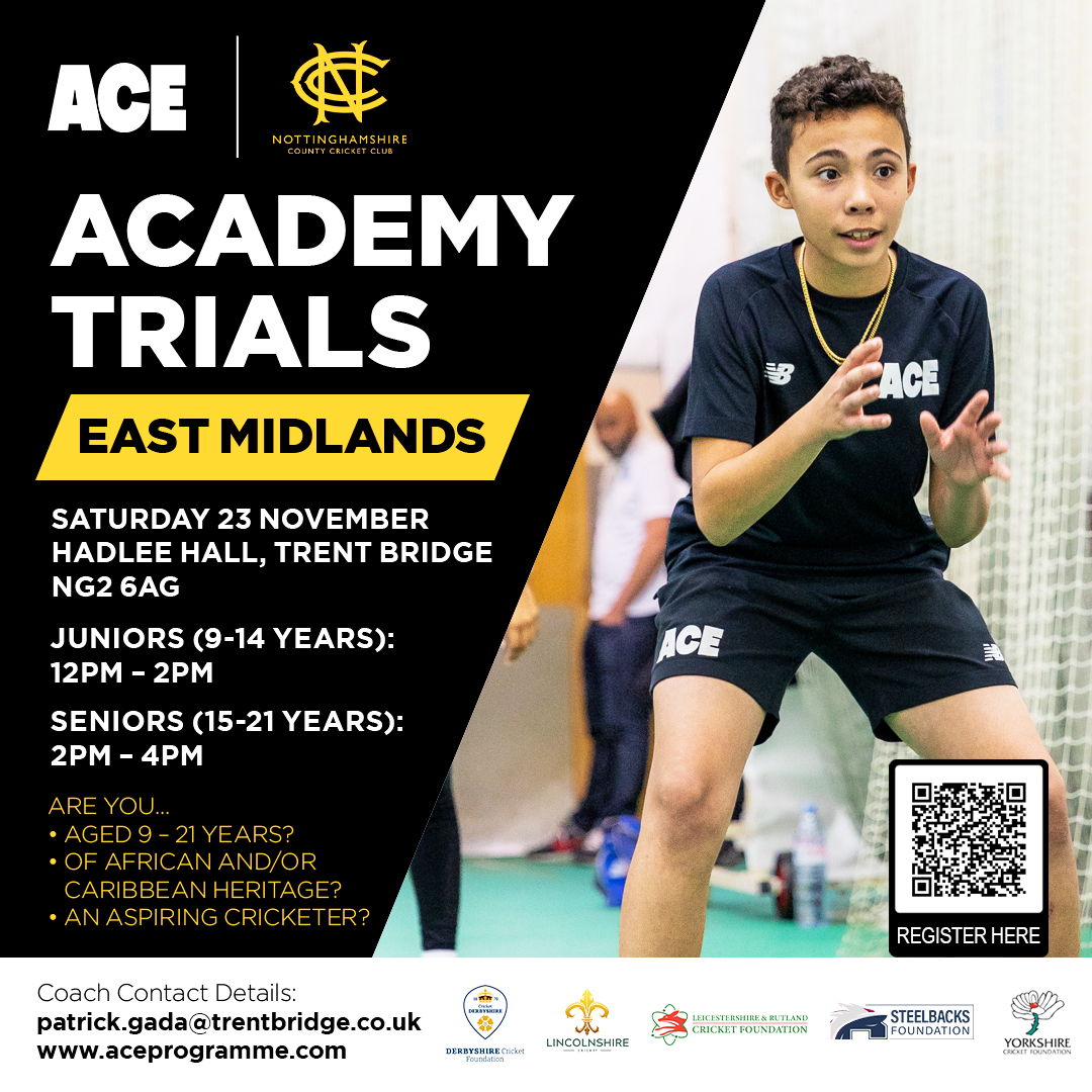 Notts Recreational Cricket (@cricketnotts) on Twitter photo Are you...
Aged 9-21 years old? ✔️
Of African and/or Caribbean heritage? ✔️
An aspiring cricketer? ✔️
Sign up for our <a href="/AceProgramme/">The ACE Programme Charity</a> East Midlands Academy Trials at Trent Bridge on Saturday 23rd November.
Register here or using QR code below ➡️ bit.ly/4e8euqv Are you...
Aged 9-21 years old? ✔️
Of African and/or Caribbean heritage? ✔️
An aspiring cricketer? ✔️
Sign up for our <a href="/AceProgramme/">The ACE Programme Charity</a> East Midlands Academy Trials at Trent Bridge on Saturday 23rd November.
Register here or using QR code below ➡️ bit.ly/4e8euqv