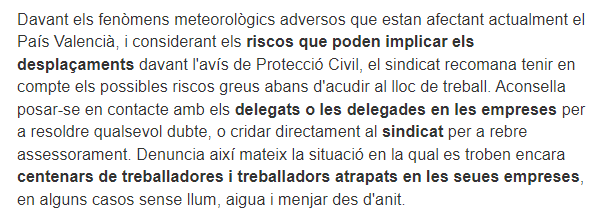 Los sindicatos son un punto de apoyo para cualquier incidencia laboral provocada por la #DANA 👇

Desde <a href="/ccoopv/">CCOO País Valencià</a> atienden consultas laborales y ponen a disposición sus Servicios Jurídicos para cualquier incumplimiento de la normativa en las empresas: pv.ccoo.es/noticia:708637…