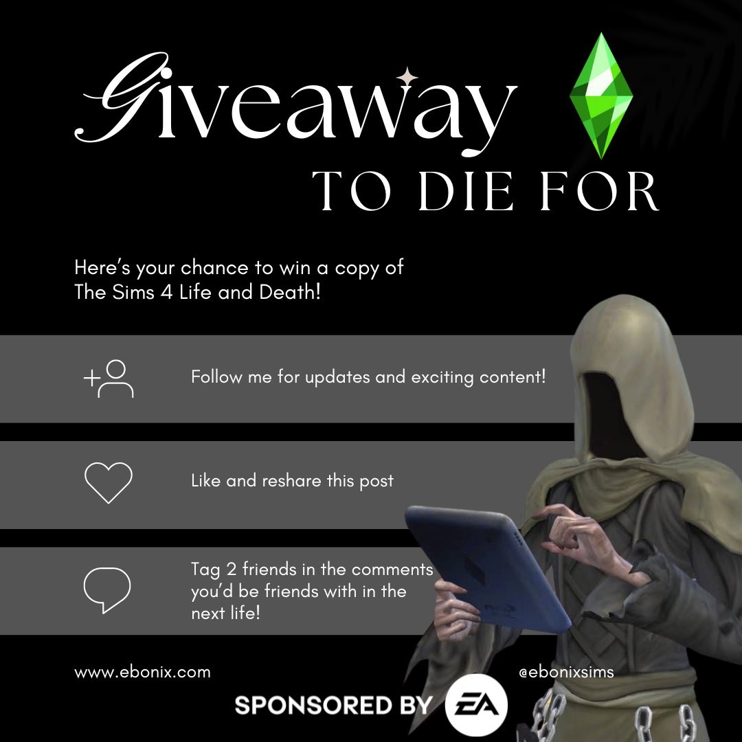 Ebonix's tweet image. 👻🎃OKAY SIM’O’WEENIES 🎃👻

Thanks to the @TheSims &amp;amp; #EACreatorNetwork I’m giving away a copy of #Sims4LifeAndDeath! 

🎃 Follow Me
💀 Like &amp;amp; RT
🎃 Tag Two Friends Who You’d Be Friends With In This Life &amp;amp; The Next!
💀 Ends Nov 4th 11.59PM GMT

Enter… IF YOU DARE 😱😨 good luck!