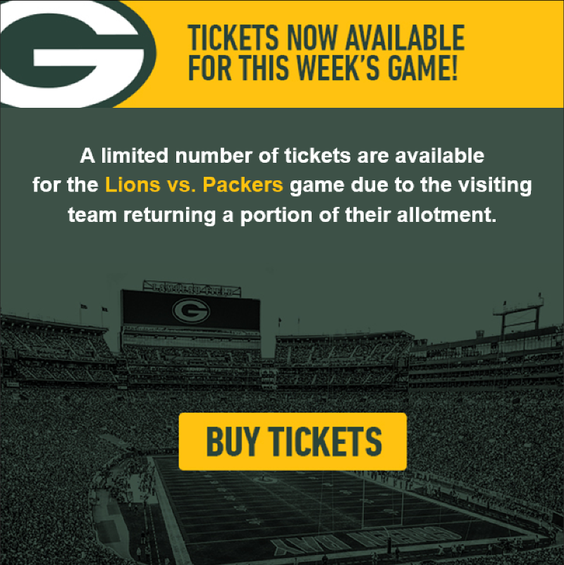 packers's tweet photo. 🚨 A limited number of tickets are available for Sunday's #DETvsGB game due to the Lions returning a portion of their allotment.