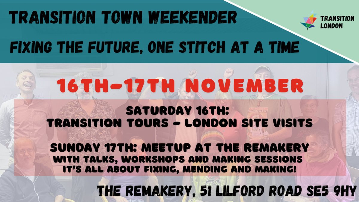 🛠TRANSITION WEEKENDER 

📆16th-17th Nov

❓A positive extravaganza of project visits, talks &amp; networking to energise &amp; problem solve in equal measure.

Share, support &amp; connect w/ other <a href="/transitiontowns/">Transition Network</a>  from across London.

Full programme and register:
tiny.cc/TTLWeekender