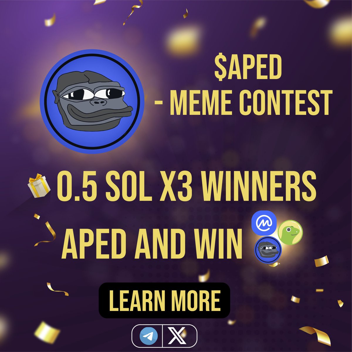 $APED MEME CONTEST ! 🦍

Make some memes with $APED , the 3 best one will win 0.5 sol each + 500k TOKENS! 

To win, like this tweet, retweet, create your own meme and post it to your Twitter profile with $APED (and tag <a href="/apedcommunity/">$APED</a>), the 3 winners will be announced in 24 hours