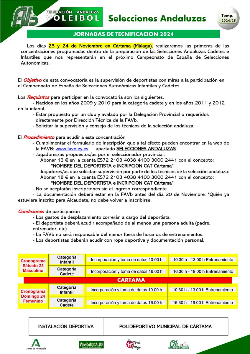 🟢 CAT SELECCIONES ANDALUZAS 2-3 NOV. 🟢

Desde la FAVB se informa que, tras la suspensión de actividades anunciada, la CAT prevista para este finde en Alcaudete, queda fijada el 23 y 24 de Noviembre en Cártama. Los jugadores inscritos no tienen que volver a inscribirse. Gracias.