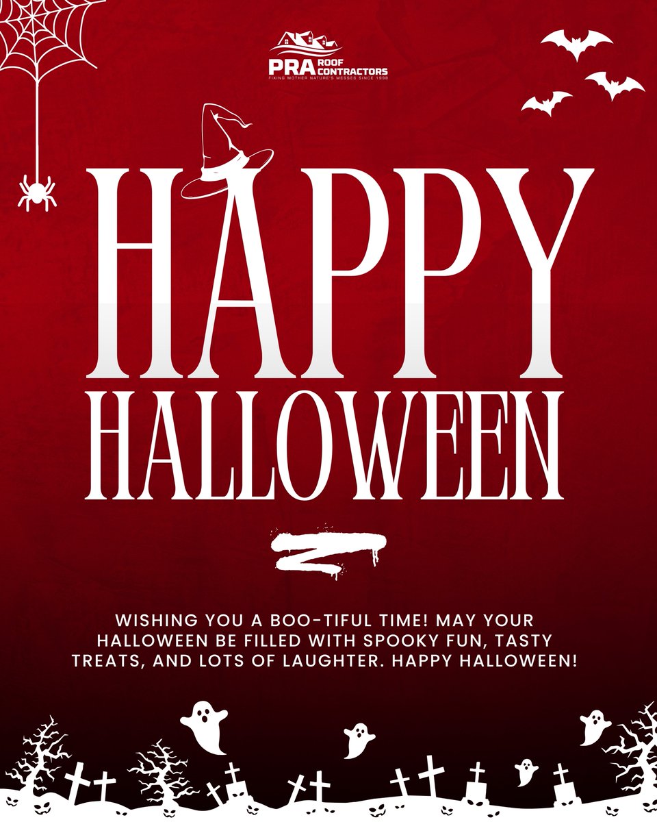 Happy Halloween from PRA Roof Contractors! 👻🎃🍬
Wishing you a boo-tiful time! May your Halloween be filled with spooky fun, tasty treats, and lots of laughter.
Remember, if you need any roofing services, we're just one call away.
#Halloween #HalloweenSafety #FREERoofInspection