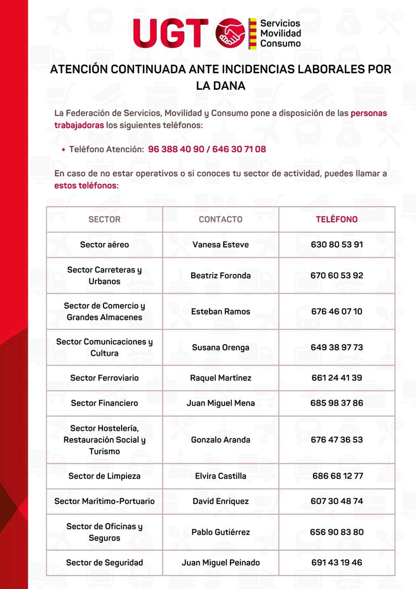 CVONGD's tweet image. En @UGTPV también están apoyando a las personas trabajadoras afectadas por la #DANA. Si conocéis a alguna, podéis enviarle esta info:

📞 Estos son los teléfonos de Atención Laboral para personas trabajadoras de Servicios, Movilidad y Consumo: