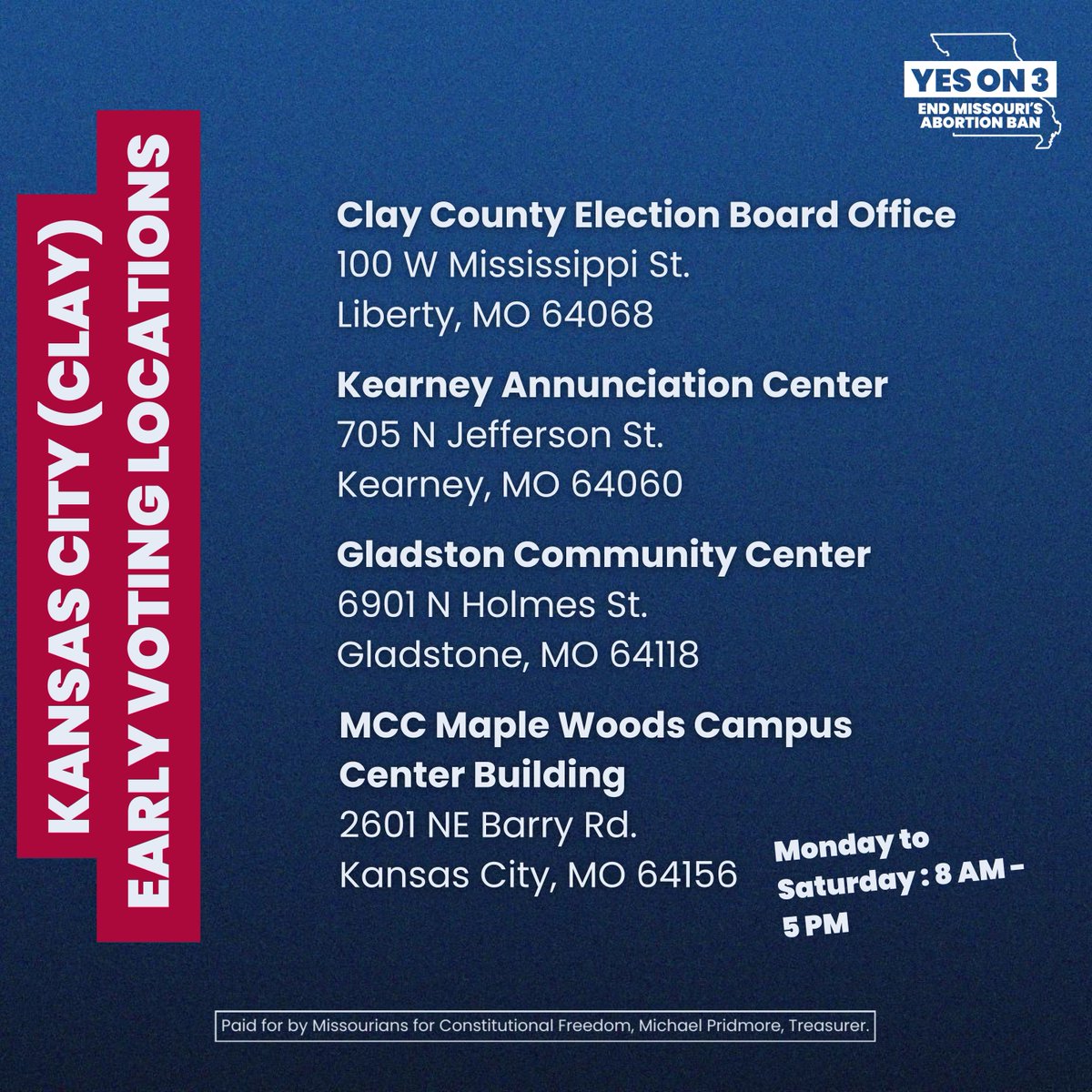 Kansas City! No need to wait to vote Yes on 3 to end Missouri’s abortion ban. You can vote early through Saturday, November 2nd or on Monday November 4th. . Visit voteroutreach.sos.mo.gov/portal to find early voting options for your county.