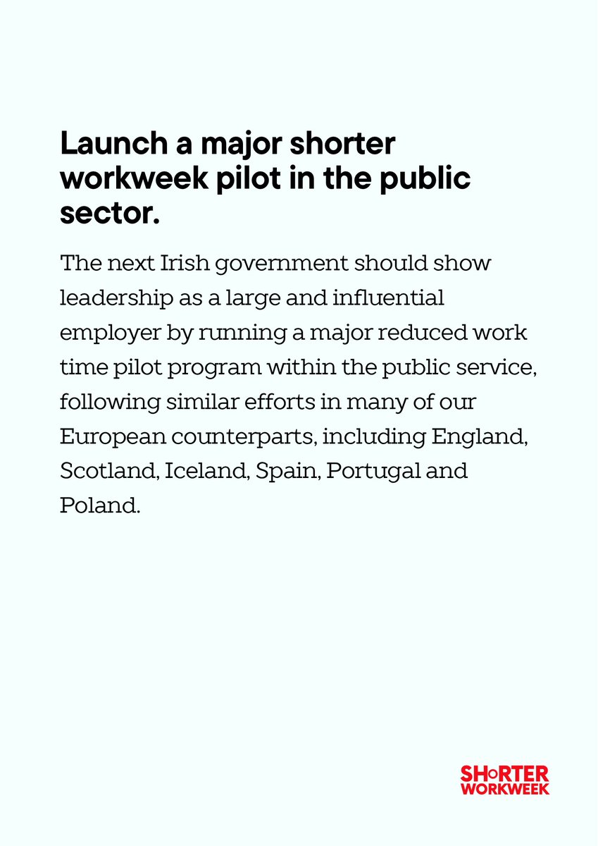 Shortr_workweek's tweet image. A reduced hour workweek benefits workers, supports a healthier society, and strengthens our economy.

Ahead of the next General Election, the Shorter Workweek Ireland Campaign are calling on candidates to back these policies👇

Join us in pushing for this change.