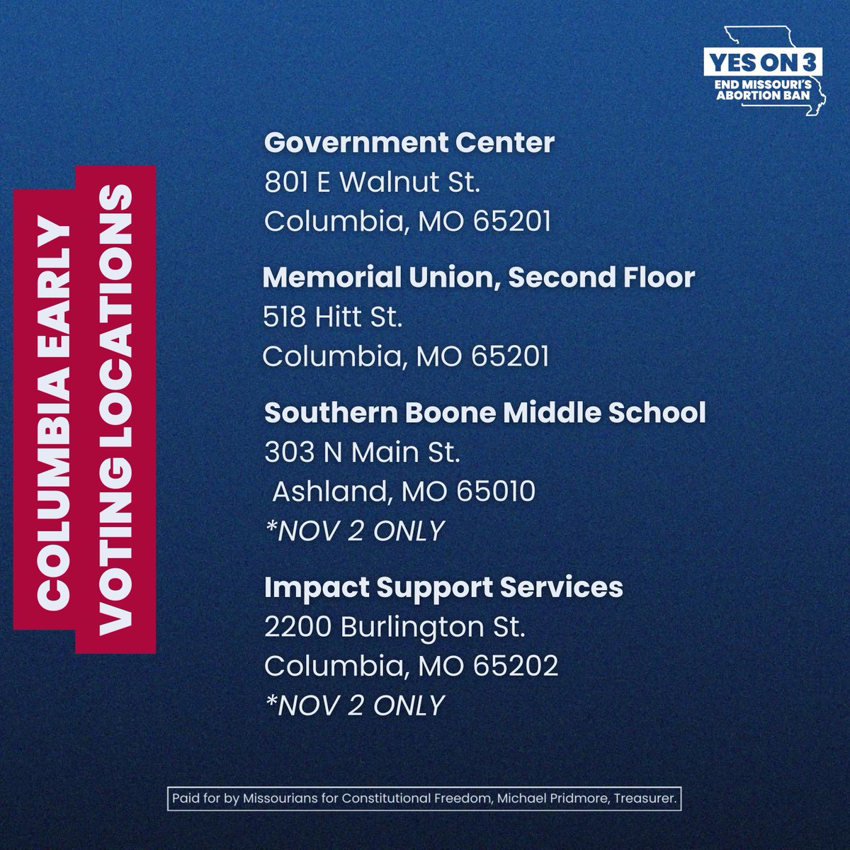 Columbia! No need to wait to vote Yes on 3 to end Missouri’s abortion ban. You can vote early through Saturday, November 2nd or on Monday November 4th. . Visit voteroutreach.sos.mo.gov/portal to find early voting options for your county.