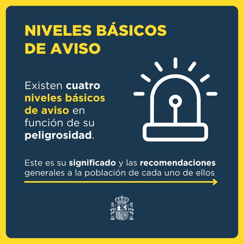 desdelamoncloa's tweet photo. 🚨Con el fin de ofrecer la información más adecuada posible se contemplan cuatro niveles básicos de aviso en función de su peligrosidad.

Conoce su significado y las recomendaciones generales de cada uno de ellos ⬇️