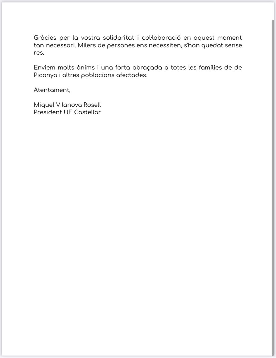 Benvolgut poble!

Des de la Unió Esportiva Castellar fem una crida de solidaritat per ajudar les poblacions de Picanya i altres zones afectades per les recents pluges intenses de la DANA.