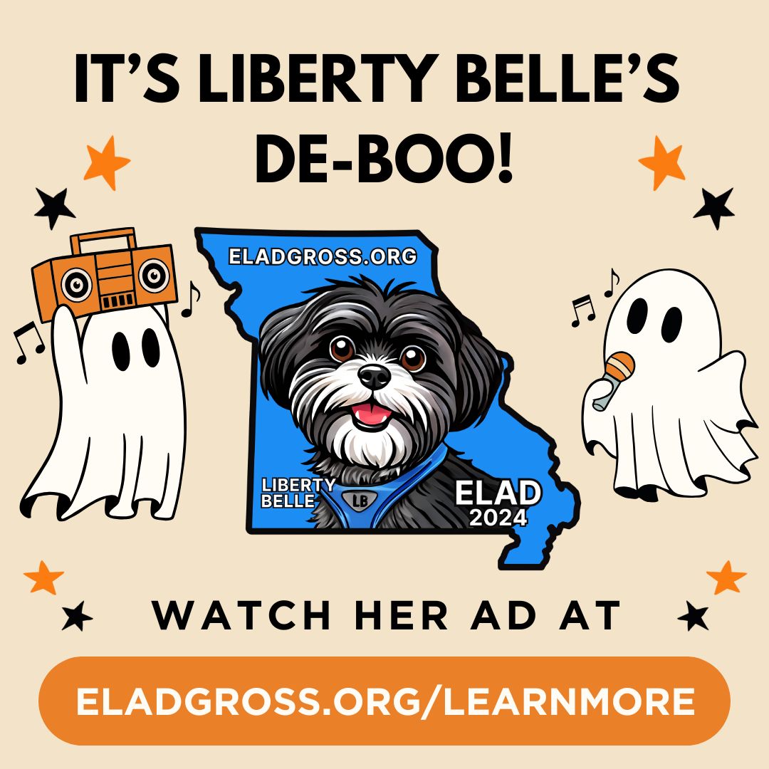 BigElad's tweet photo. 👻No tricks, just treats: It's Liberty Belle's ad de-boo!

We're running ads on Fox News and Newsmax, along with local broadcast channels throughout Missouri. Let's make it spooky season for corruption.

Vote for good government and a good girl. 
Vote for Elad Gross and 🗽🔔 https://t.co/6uI5itZ2Sz