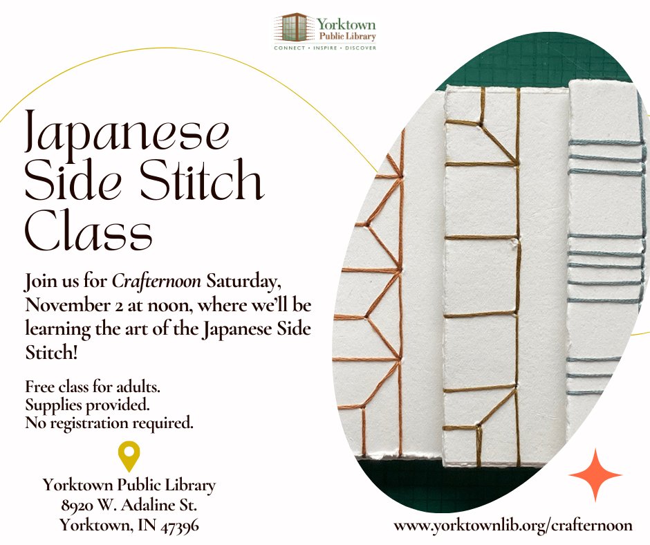 YorktownLibrary's tweet photo. Join us for Crafternoon today at noon, where we’ll be learning the art of the Japanese Side Stitch!

Free class for adults. 
Supplies provided.
No registration required.

https://t.co/DxDkBdQHXt https://t.co/irkopqws0d