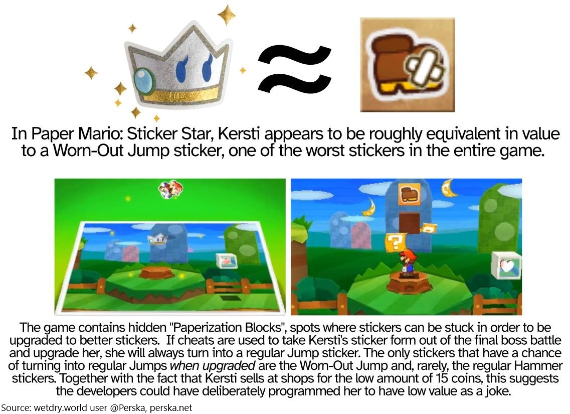 MarioBrothBlog's tweet image. In Paper Mario: Sticker Star, it is possible that the developers deliberately made Kersti have low value as a joke. She sells for only 15 coins, and when upgraded becomes a regular Jump sticker, meaning she is considered to be equivalent to a Worn-Out Jump.