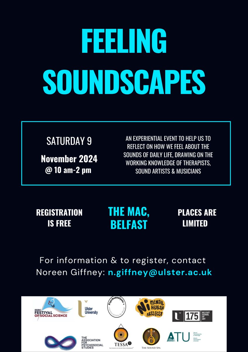 How aware are we of the sounds around us &amp; their impact on us? Feeling Soundscapes <a href="/NoreenGiffney/">Noreen Giffney</a> <a href="/TheMACBelfast/">The MAC</a> will explore how we feel about the sounds of daily life drawing on knowledge of therapists, sound artists &amp; musicians. FREE, pre-register: artsandhealth.ie/2024/09/28/fee…