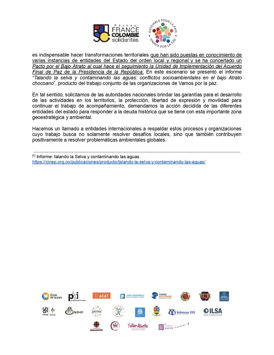 📄[#Comunicado] Desde @Vamospaz respaldamos el trabajo del <a href="/CINEP_PPP/">CINEP/PPP</a> en el Bajo Atrato y a las comunidades indígenas y negras que han vivido el escalonamiento del conflicto armado y el impacto socioambiental. 

👉Lea el comunicado completo: acortar.link/S7M7r0