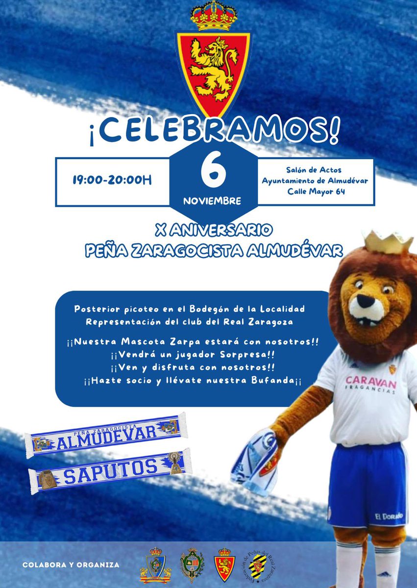 pzalmudevar's tweet photo. 🎉 ¡Estamos de Aniversario! 🎉

Este 6 de noviembre, acompáñanos a celebrar el X Aniversario de la Peña Zaragocista Almudévar 🎂. Nos reuniremos en el Salón de Actos del Ayuntamiento de Almudévar de 19:00 a 20:00 h para disfrutar de una tarde llena de zaragocismo 💙🤍. https://t.co/1EYgrIZkYK