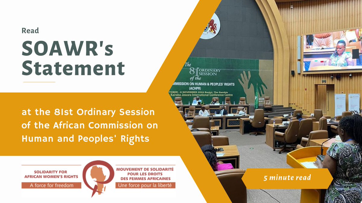 SOAWR's tweet photo. โก๏ธhttps://t.co/P7mzpPSaqW
Thanks to @AfAafrica for presenting SOAWR's powerful & timely statement at the 81st Ordinary Session of the @achpr_cadhp. Take five minutes to read our 5 key concerns & tangible calls to actionโ๏ธ
#MaputoProtocol #WidowsRights #EndGBV #StateReporting https://t.co/hLaV5sLcGy