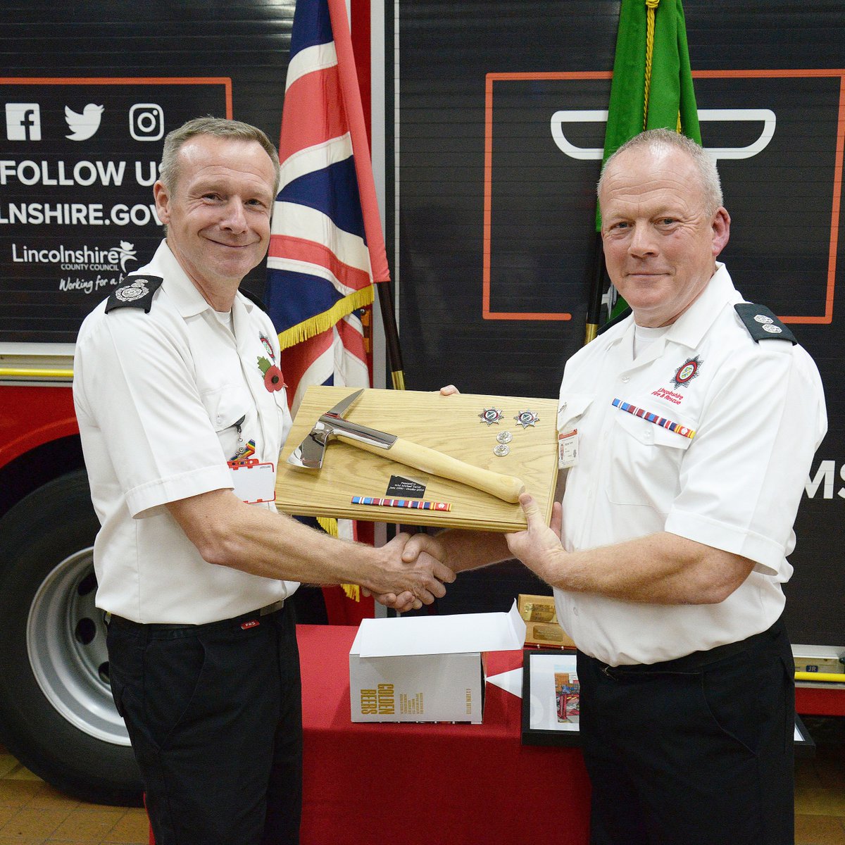 🎉 Congratulations to Michael Turver! 🎉

After 34 years of dedicated service, Michael has retired as On Call Watch Manager at Gainsborough Fire Station. CFO Mark Baxter presented him with his axe. 

A big thank you for your dedication. Enjoy your retirement, Mick! 🚒👏