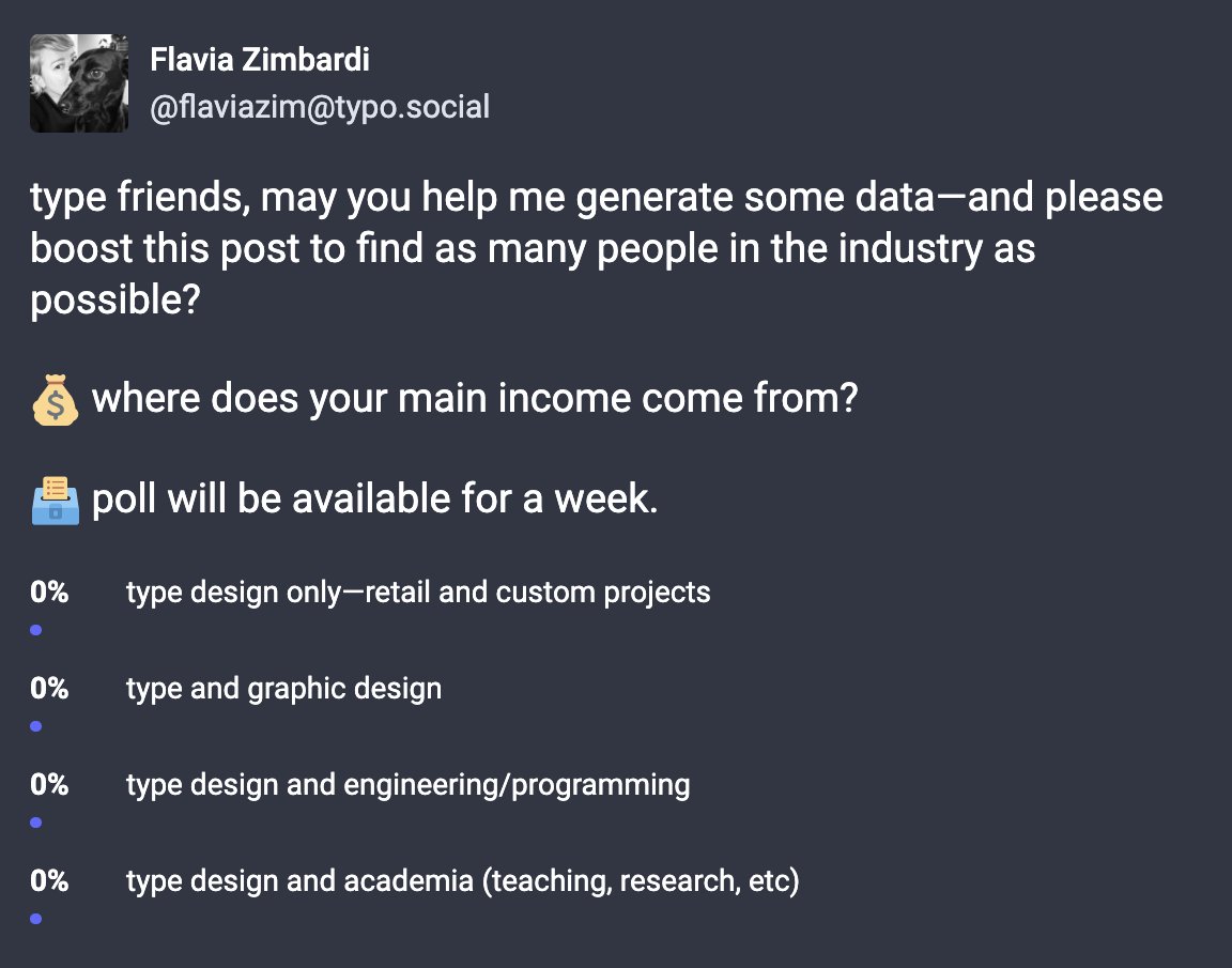 as it feels like most of the type industry has moved to mastodon, I am doing some research there. would you be so kind to follow the link and cast your vote? typo.social/@flaviazim/113…