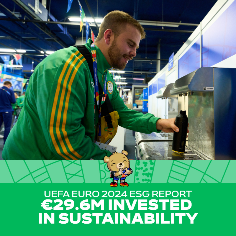 UEFA's tweet photo. Looking back at the #EURO2024 sustainability impact:  

✈️ Air travel reduced by 75%;
🆙 €29.6m invested;
♿ Assistance to +10,000 disabled fans;
✅ 95% of pre-tournament targets achieved;
🌱 €7m climate fund to support clubs &amp; regional associations.

Full report: ⬇️

@EURO2024