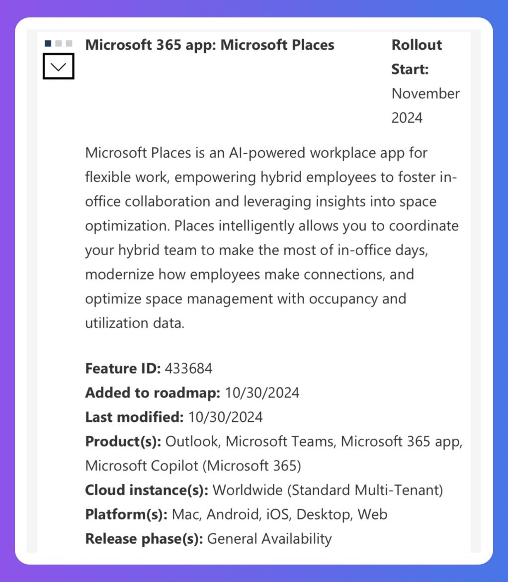 Microsoft Places features starting to appear on the roadmap.

All due November.

Microsoft Ignite also November 😀

#Places #Microsoft365 #MicrosoftTeams
