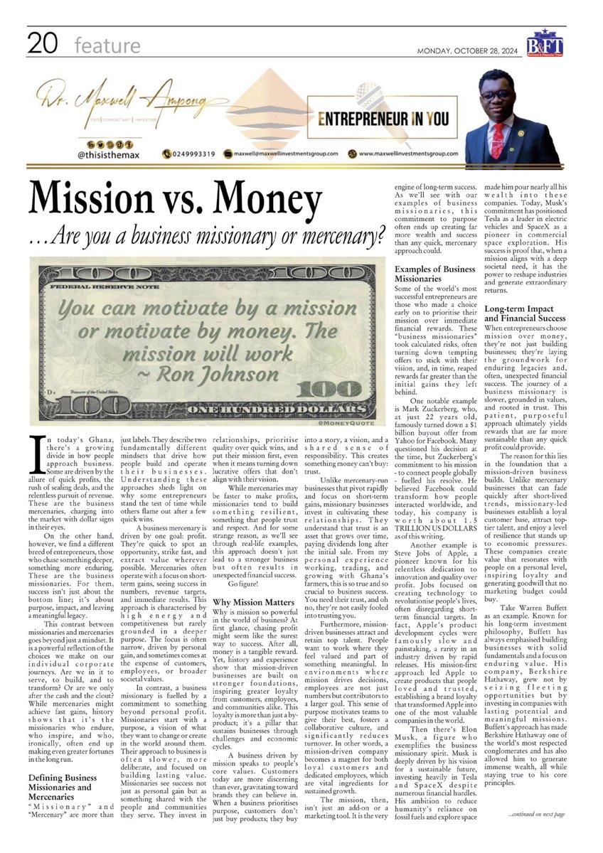 thisisthemax's tweet image. A business #mercenary is driven by one goal: #profit. In contrast, a business missionary is fuelled by a #commitment to something beyond personal profit.

Business #missionaries start with a #purpose, a vision of what they want to change or create in the world around them. Their