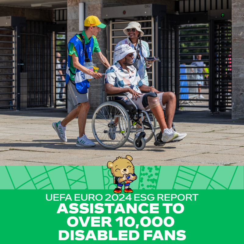UEFA's tweet photo. Looking back at the #EURO2024 sustainability impact:  

✈️ Air travel reduced by 75%;
🆙 €29.6m invested;
♿ Assistance to +10,000 disabled fans;
✅ 95% of pre-tournament targets achieved;
🌱 €7m climate fund to support clubs &amp; regional associations.

Full report: ⬇️

@EURO2024