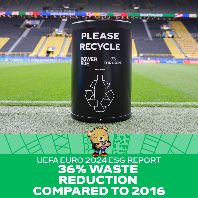 UEFA's tweet photo. Looking back at the #EURO2024 sustainability impact:  

✈️ Air travel reduced by 75%;
🆙 €29.6m invested;
♿ Assistance to +10,000 disabled fans;
✅ 95% of pre-tournament targets achieved;
🌱 €7m climate fund to support clubs &amp; regional associations.

Full report: ⬇️

@EURO2024