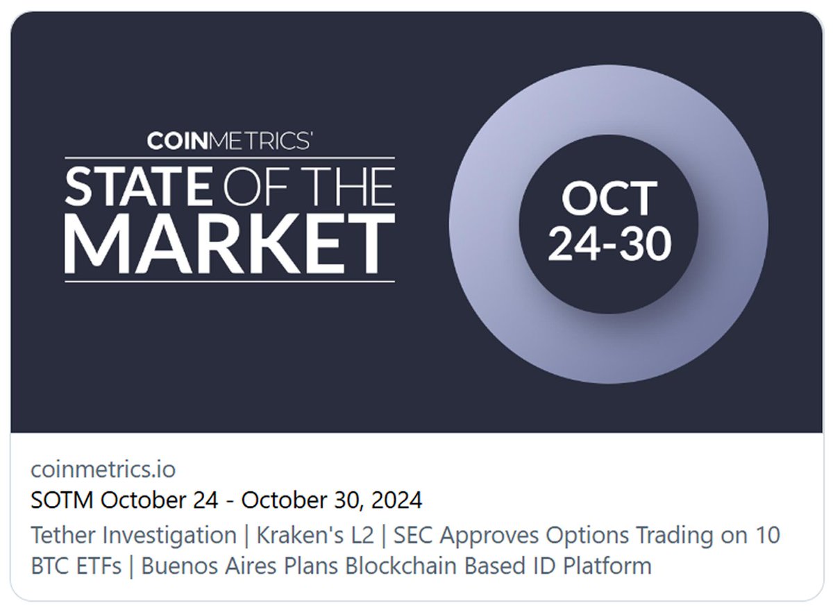 coinmetrics's tweet photo. 1/6 NEW Weekly #StateoftheMarket Report: #Tether is under federal investigation for anti-money laundering & other sanctions violations, @krakenfx plans an #Ethereum Layer-2 launch, @SECGov approves options trading for 10 #Bitcoin #ETFs ... and much more covered in this week's report.
Read the report >> https://t.co/FegckXNSFi
This Week's #CryptoMarket Highlights:
1. Tether, the world’s largest #stablecoin, is under federal investigation for potential sanctions violations and anti-money laundering rule breaches, with the Treasury considering direct sanctions.
2. Kraken announced plans to launch its own Ethereum layer-2 network, Ink, joining the competitive layer-2 scaling landscape led by @coinbase's @Base.
3. The SEC approved options trading for 10 Bitcoin ETFs, signaling growing institutional adoption of #crypto-based financial products.
4. The FBI arrested an individual in Alabama for compromising the SEC’s systems and posting a fake Bitcoin ETF approval announcement, highlighting ongoing market integrity concerns.
5. The city of Buenos Aires is partnering to launch a blockchain-based digital identity platform, @Quark_ID, for citizens to access public services.
#PutTruthToWork #FutureOfFinance