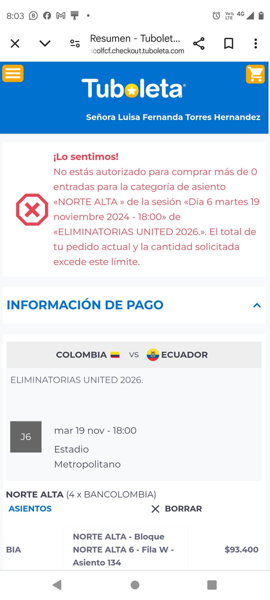 luisatorres27's tweet photo. @Tuboletaoficial Ingrese al 8:01 am y me dice que estoy autorizada para comprar 0 boletas... Es el colmo https://t.co/7KLbMG38UQ